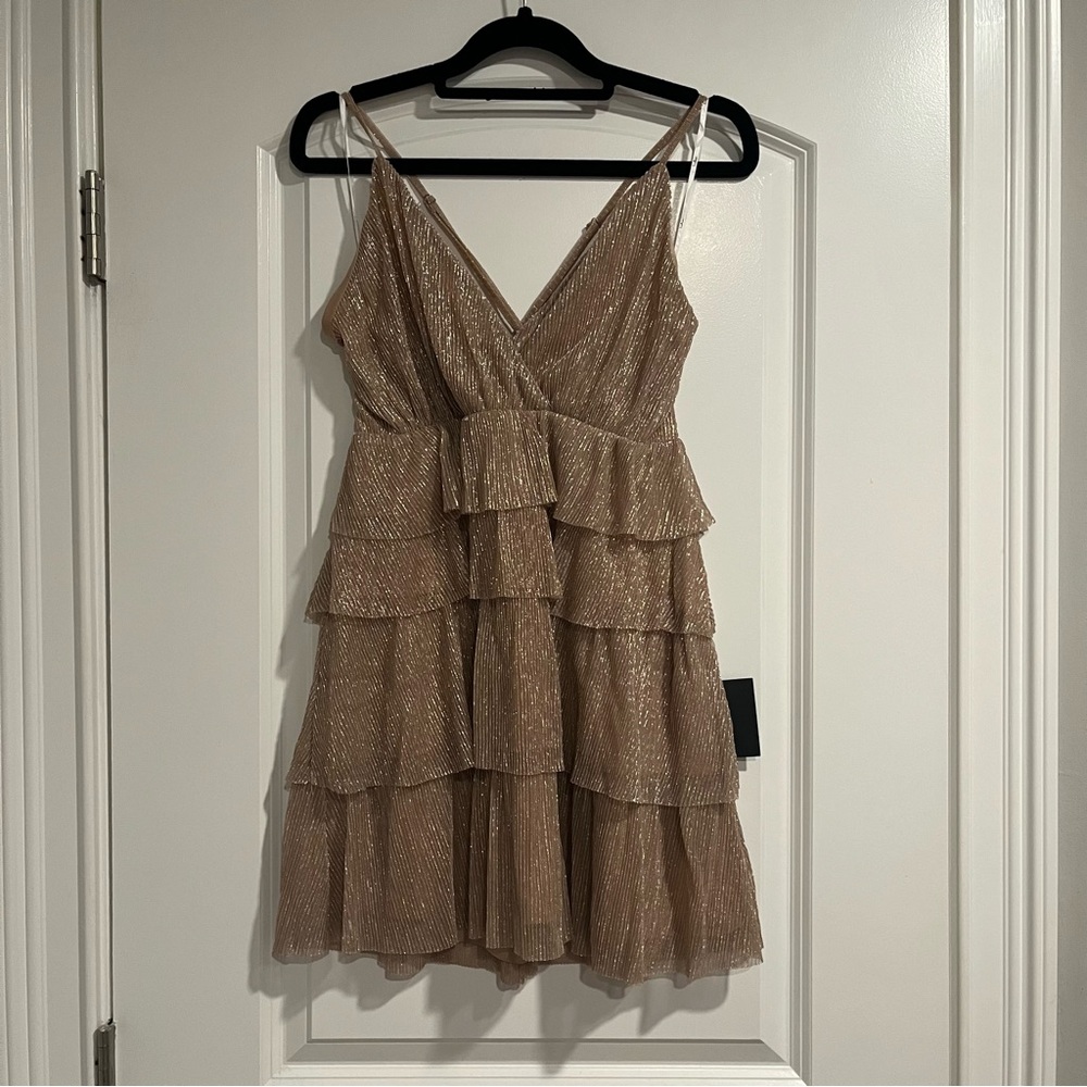 Glowing Gorgeous Blush Metallic Tiered Mini Dress